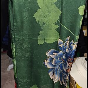 Floral Green Scarf  Wrap with Blue Accents